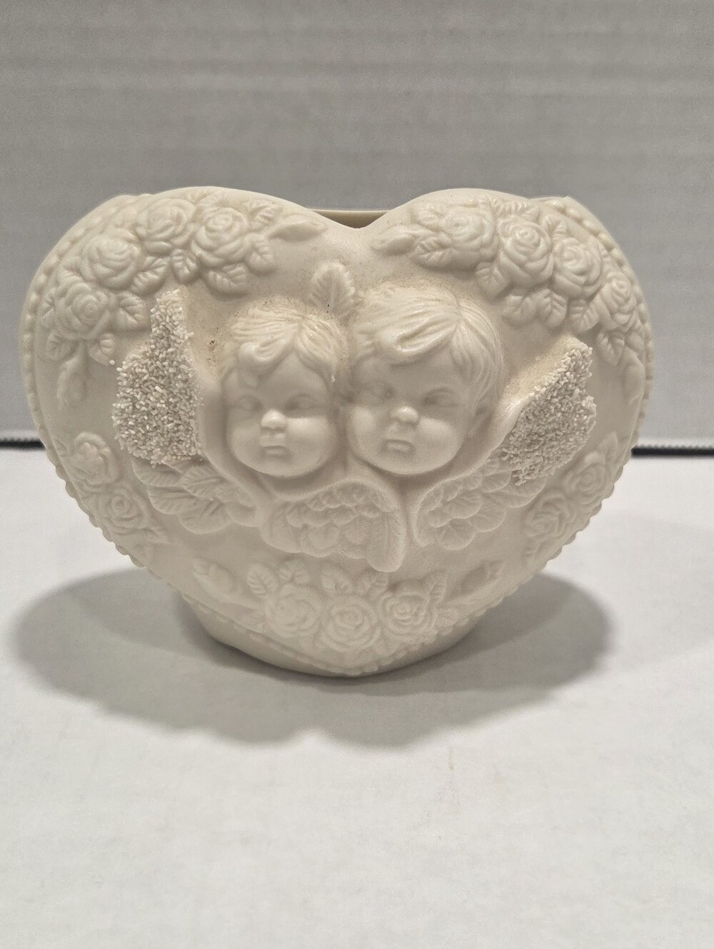 Vintage Bisque Ceramic Heart Cherub Angel Vase